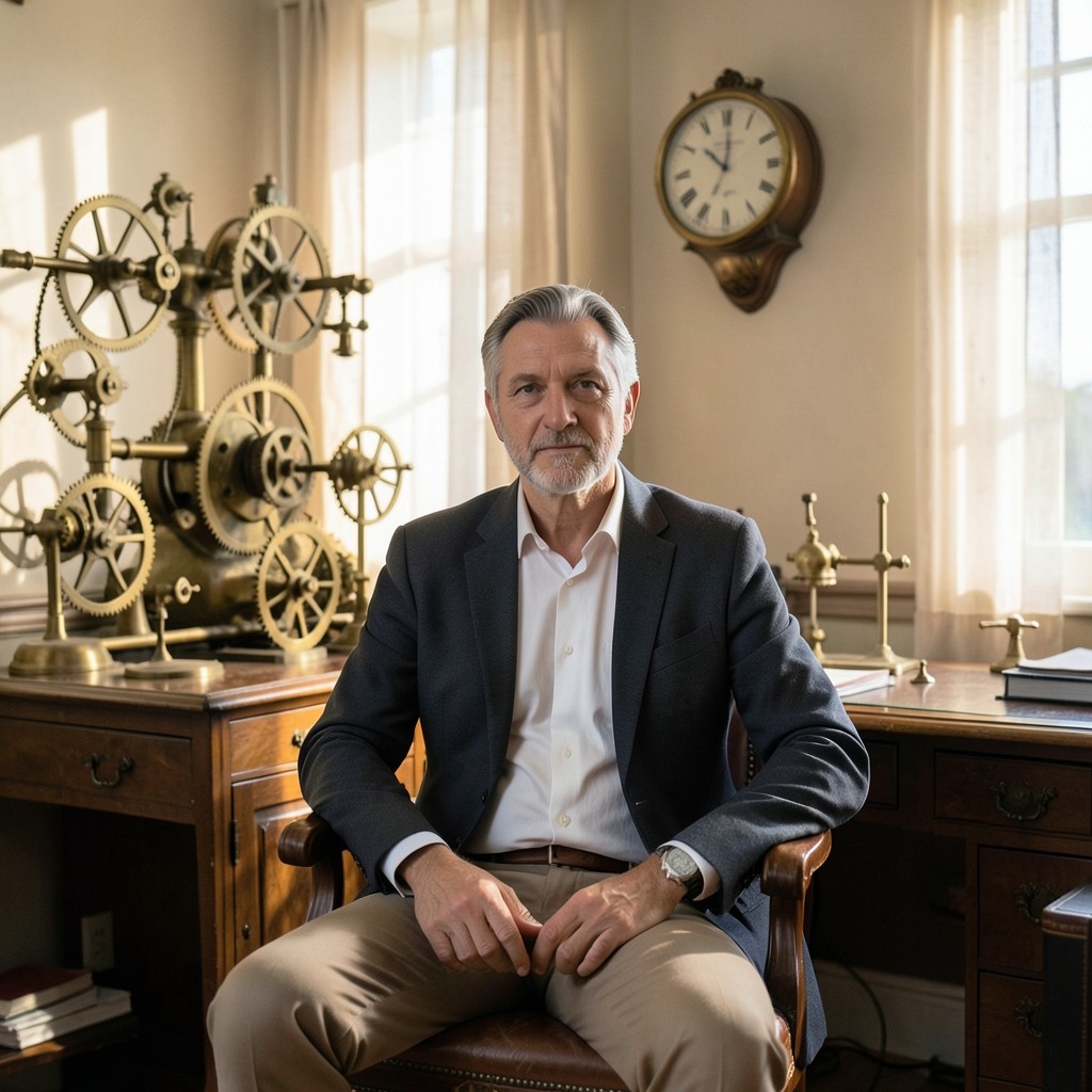 Portrait professionnel du conseiller en bureau avec instruments de précision en laiton